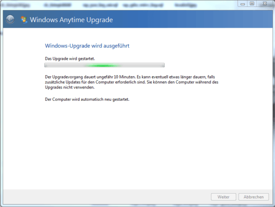 Windows 7 Home Upgrade wird gestartet
