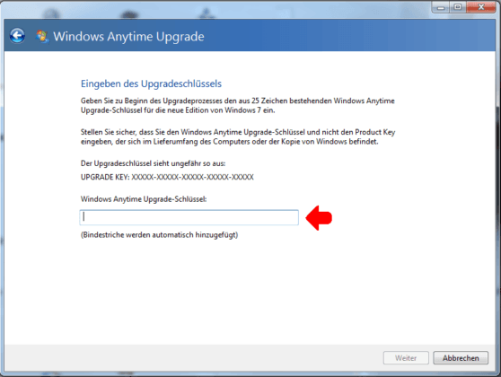 Upgradeschlüssel eingeben