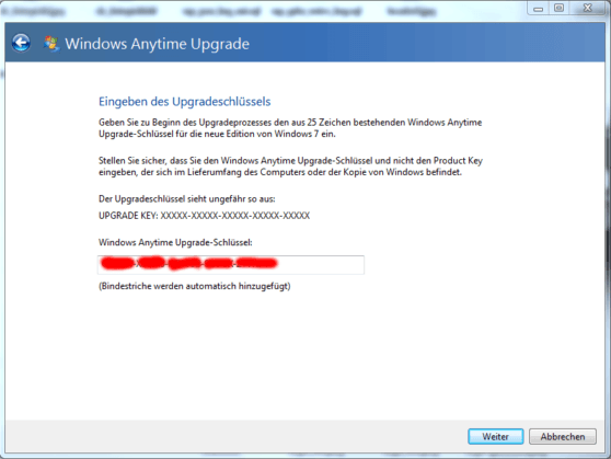 Windows 7 Home Upgradeschlüssel eingegeben