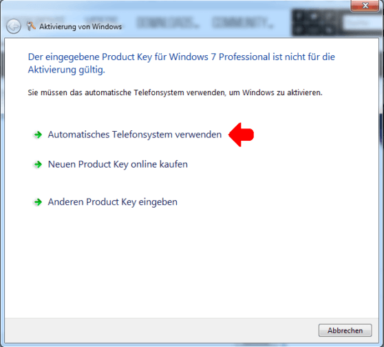 Windows 7 Professional aktivieren Telefon