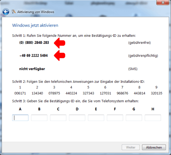 Windows 7 Professional Aktivierung anrufen