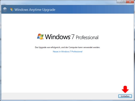 Windows 7 Professional Upgrade fertig