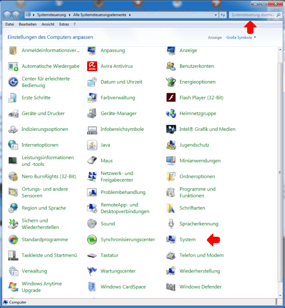 Windows 7 Professional Systemsteuerung