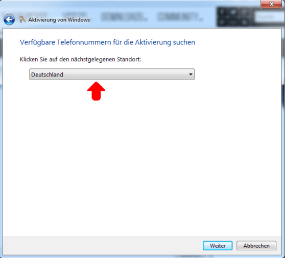 Windows 7 Professional Telefon - Land auswählen